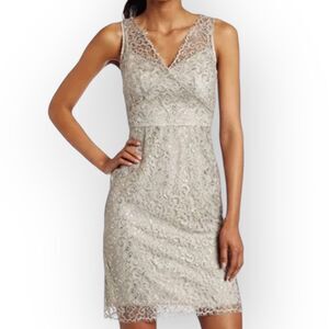 BCBGMaxAzria lace dress, size 12. Silver, nude lining. Cocktail sheer layered